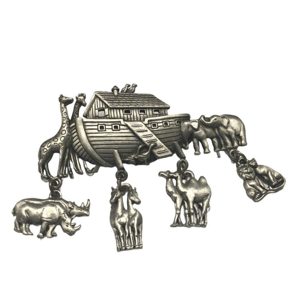 Vtg JJ Noah’s ark brooch pin silver 80s dangle charm lion camel‎ bible Christian